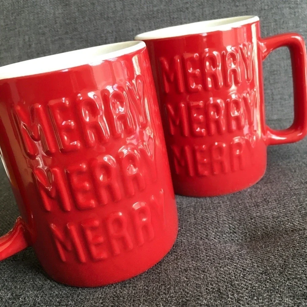 Set/2 “MERRY MERRY MERRY” Coffee Mugs, Red, White, 16 oz
